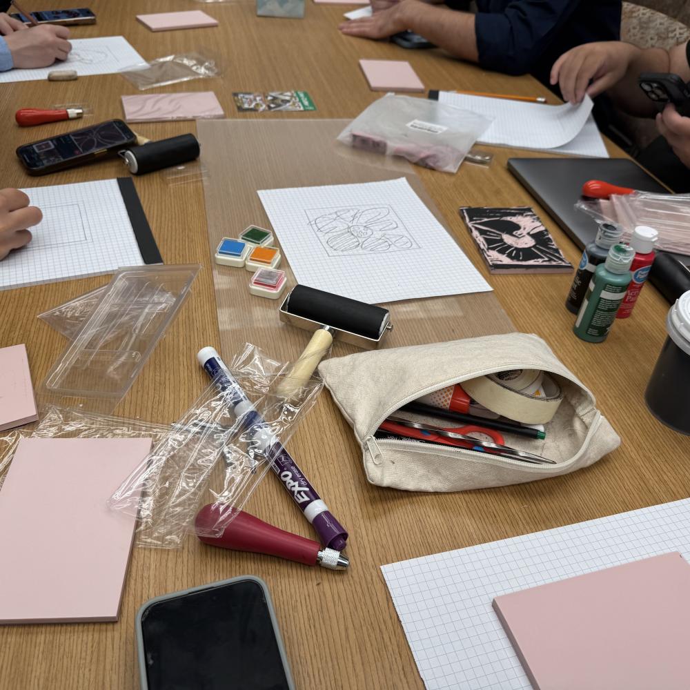 students working on block printing exercise